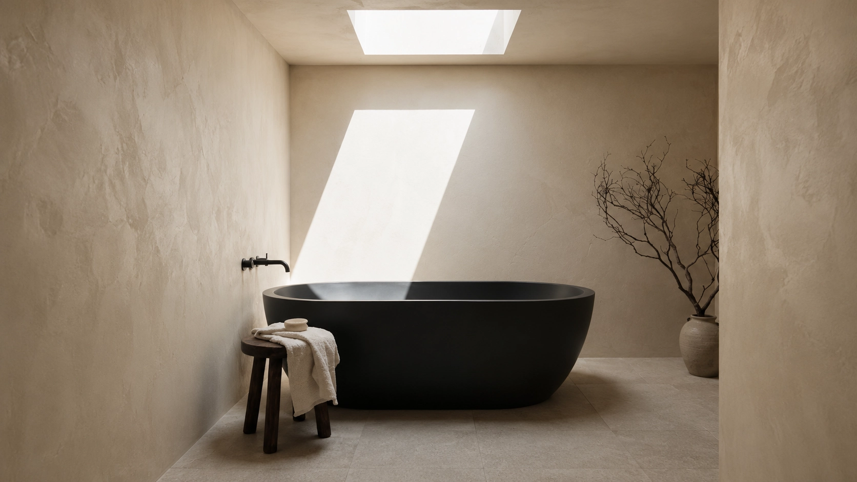 A honed-stone freestanding bathtub beneath a skylight against cream lime plaster.