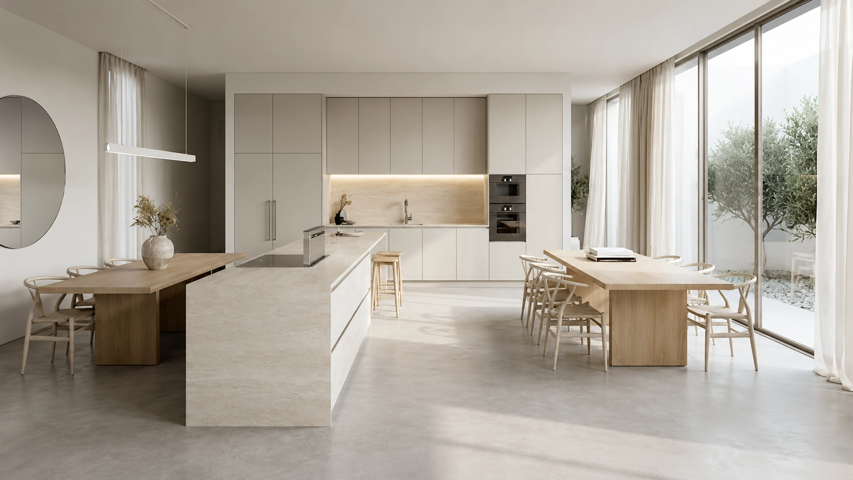 A minimalist kitchen with a monolithic travertine island and seamless matte cabinetry.