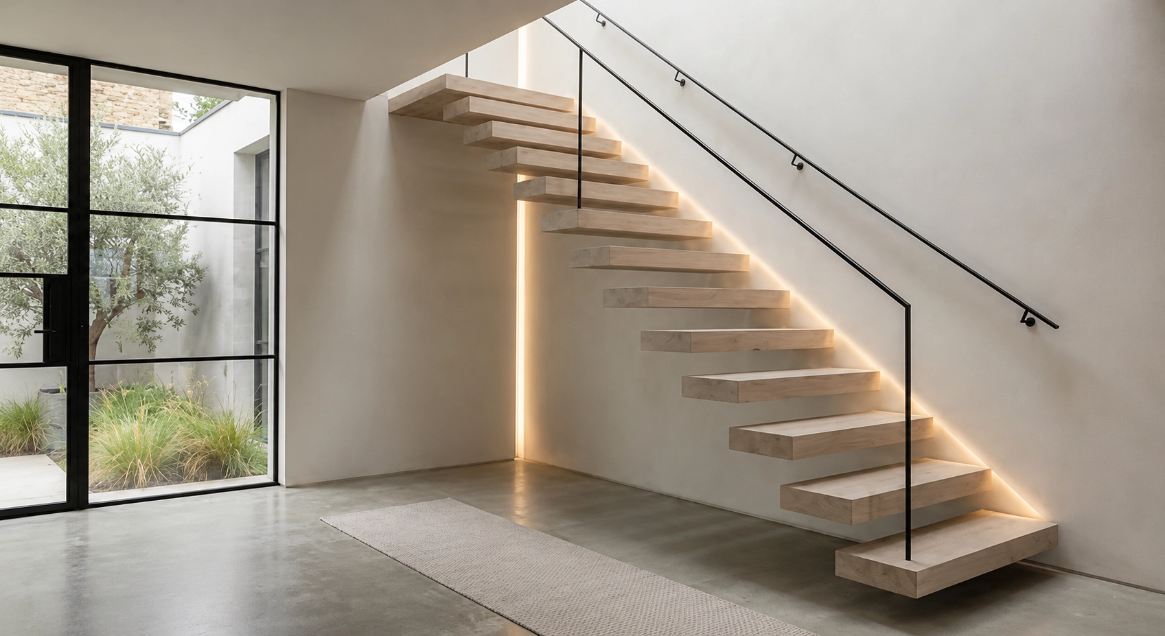A floating timber staircase with a thin blackened-steel handrail against textured plaster.