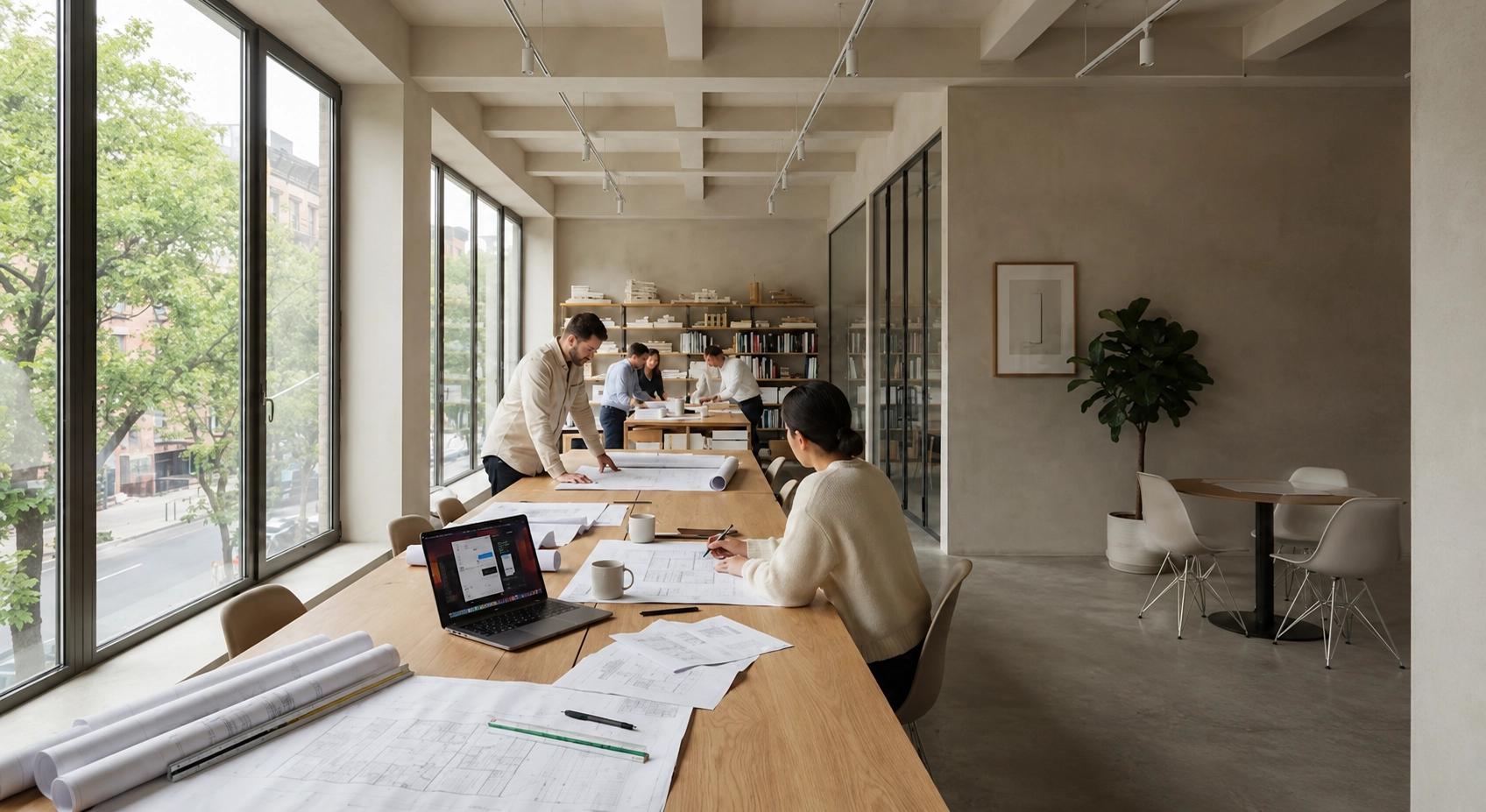 A minimalist design studio with concrete floors, tall windows and a long timber work table.