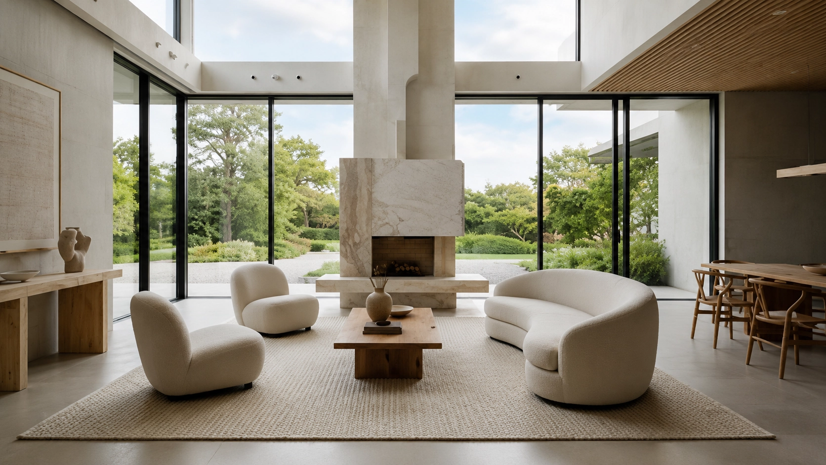 A minimalist luxury living space with floor-to-ceiling windows and a stone centrepiece.