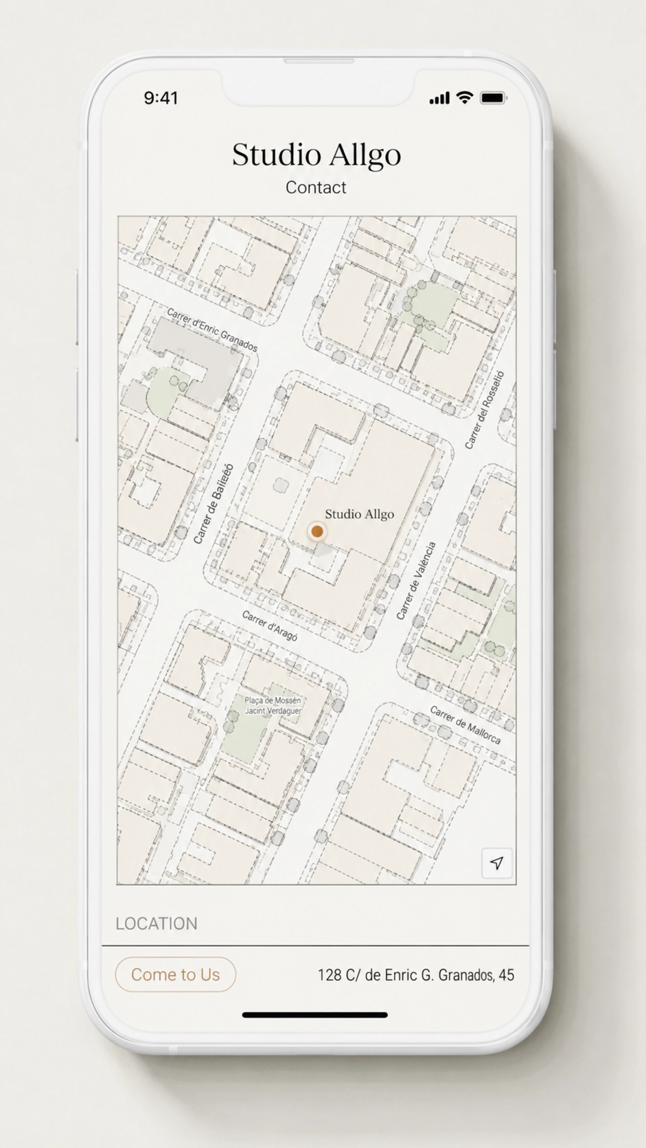 A minimalist architectural site-plan map with a single bronze location dot.