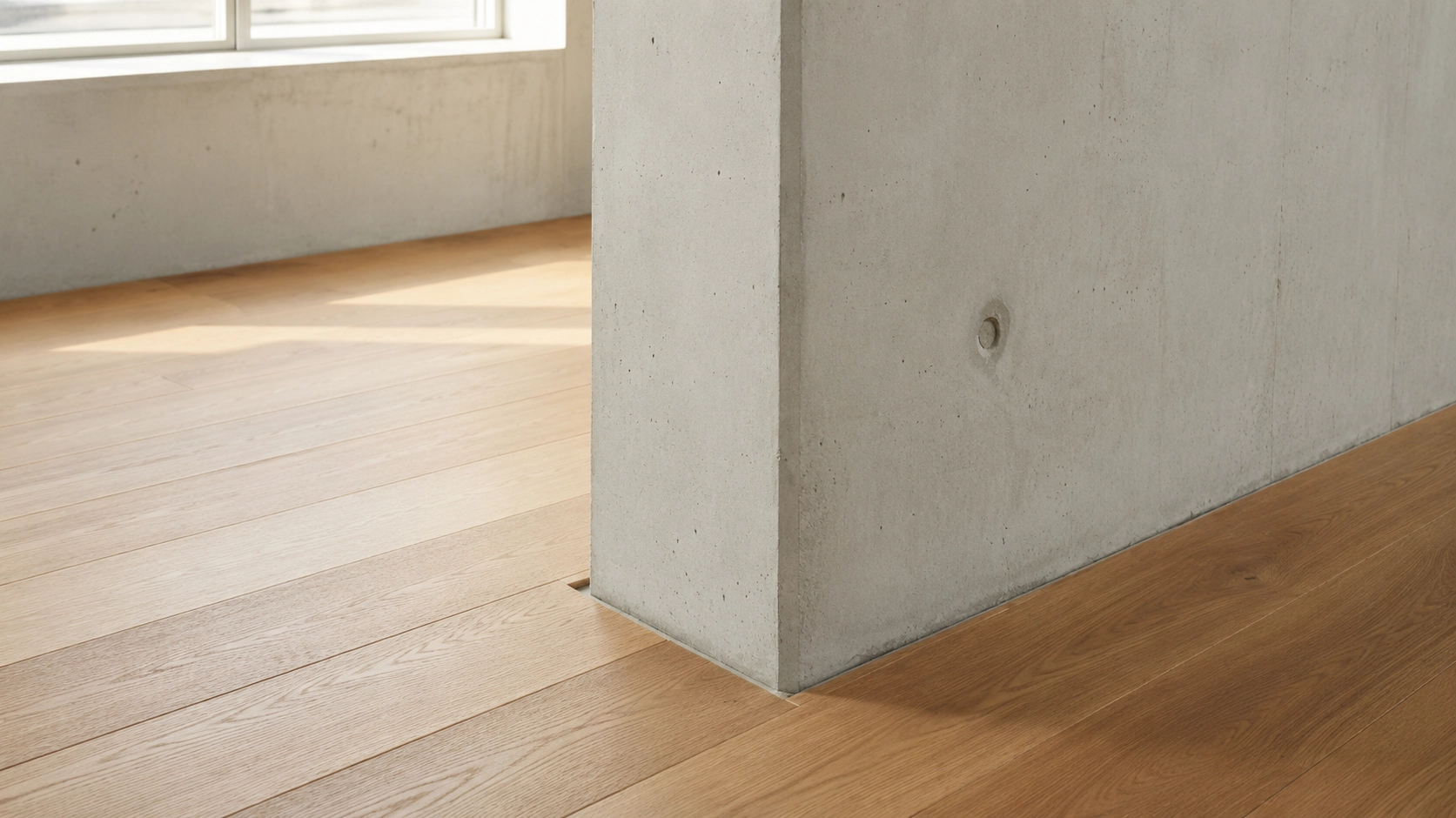 A raw concrete wall meeting a warm oak floor in soft morning light.
