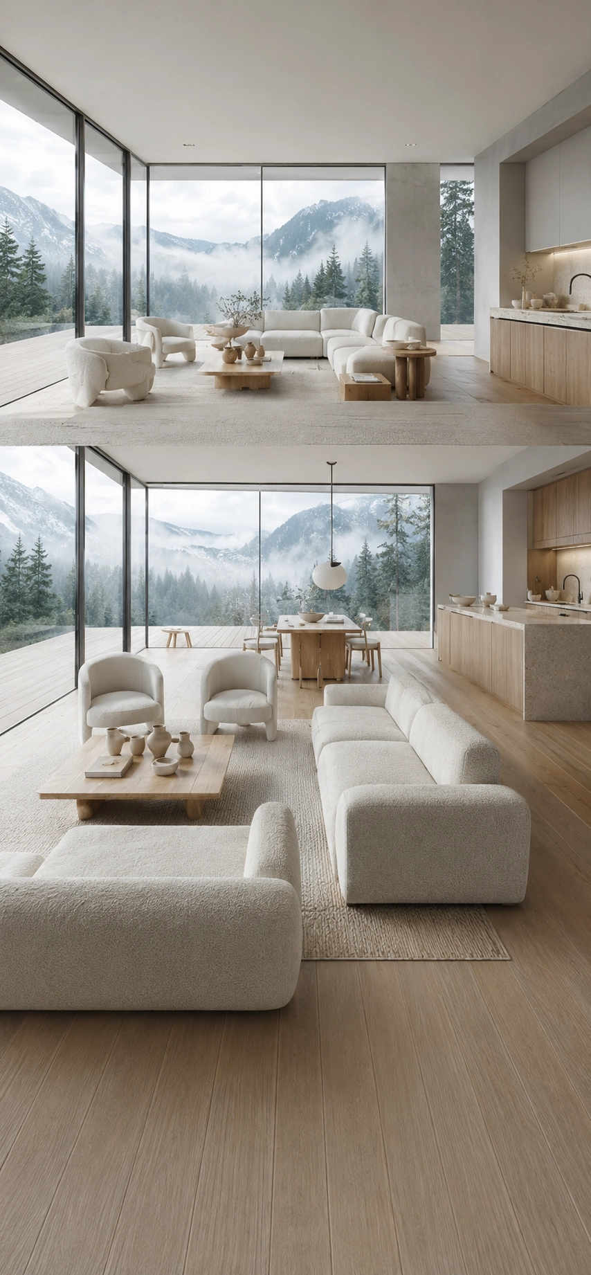 An open-plan living area with floor-to-ceiling windows over a misty landscape.