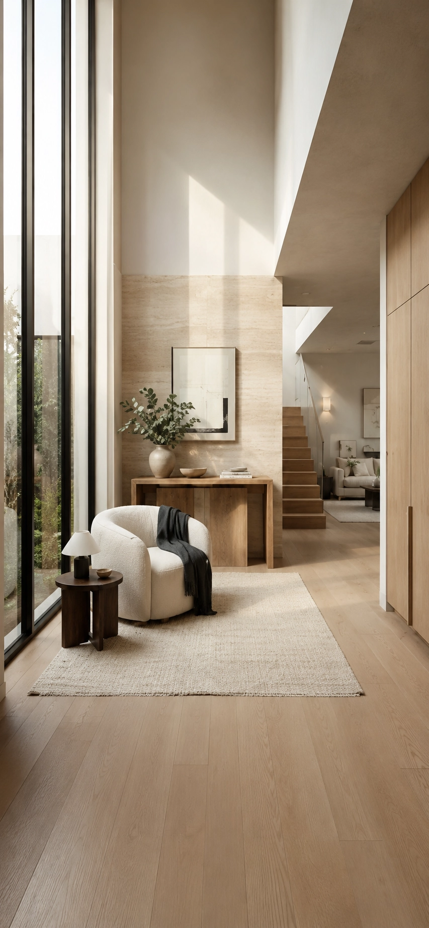 A minimalist interior of natural stone and light oak bathed in morning sunlight.