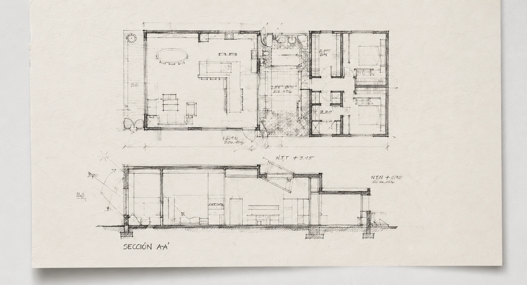 A charcoal hand-drawn architectural floor-plan sketch on off-white parchment.