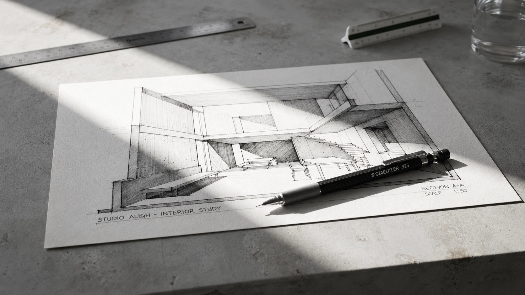 A minimalist architectural sketch on a concrete desk under a dramatic shaft of sunlight.