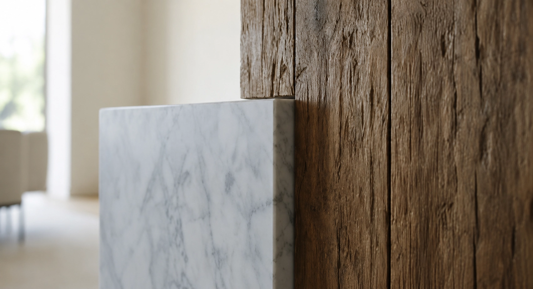 A close detail of honed marble meeting textured wood in controlled, dramatic light.