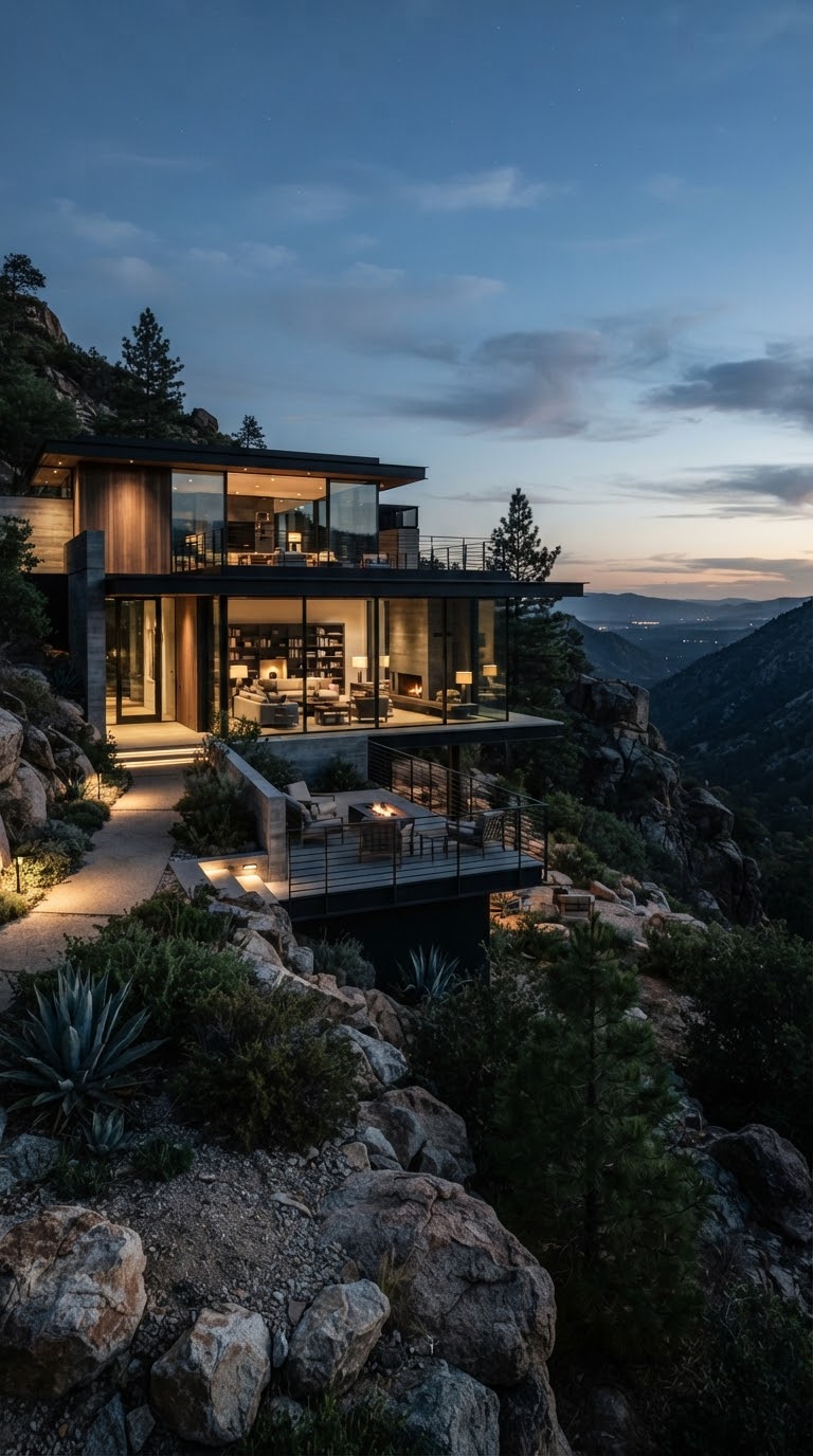 Vivienda moderna con fachada geométrica abierta al paisaje.