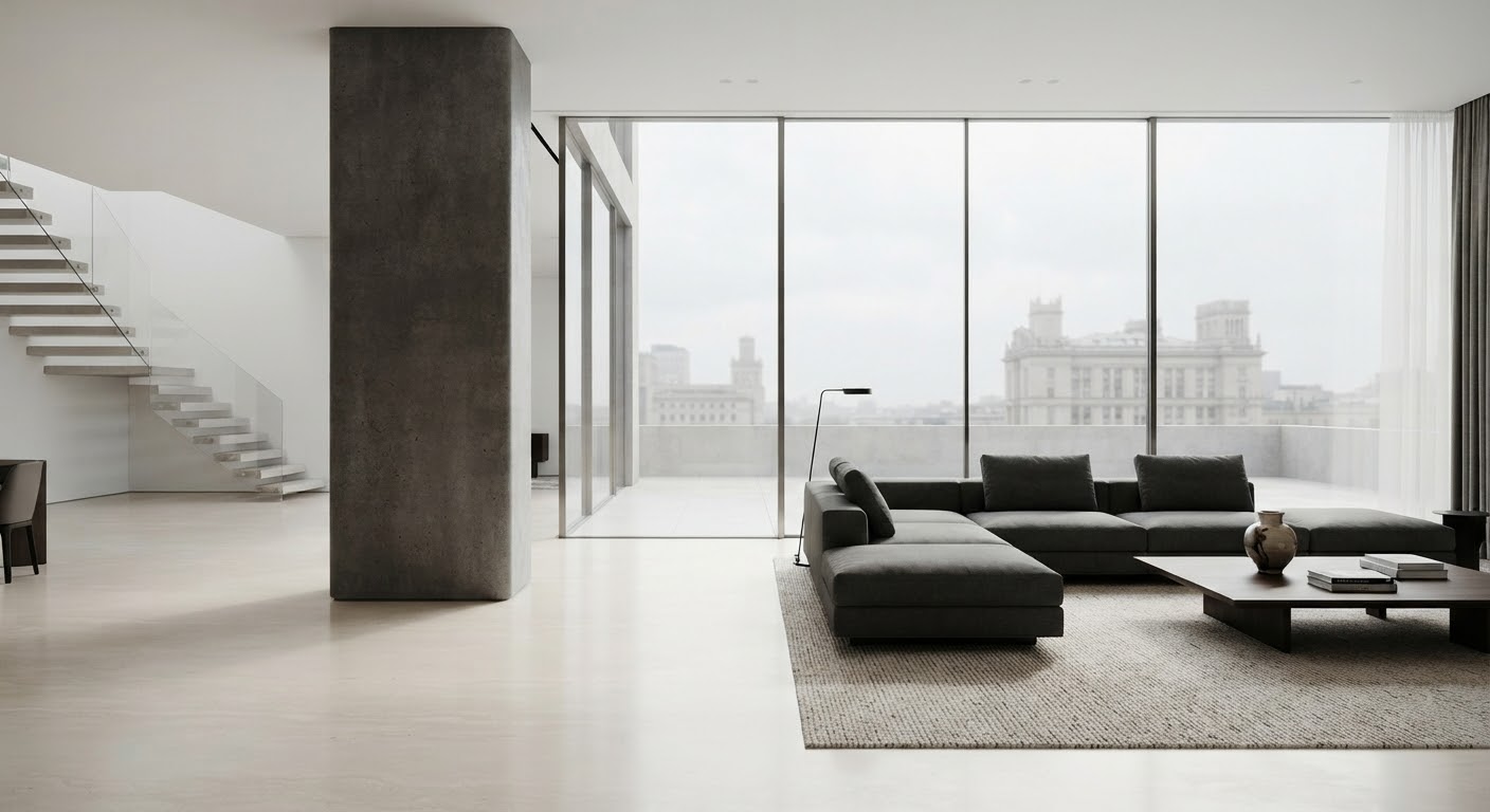 Interior minimalista con luz suave, materiales naturales y proporciones limpias.