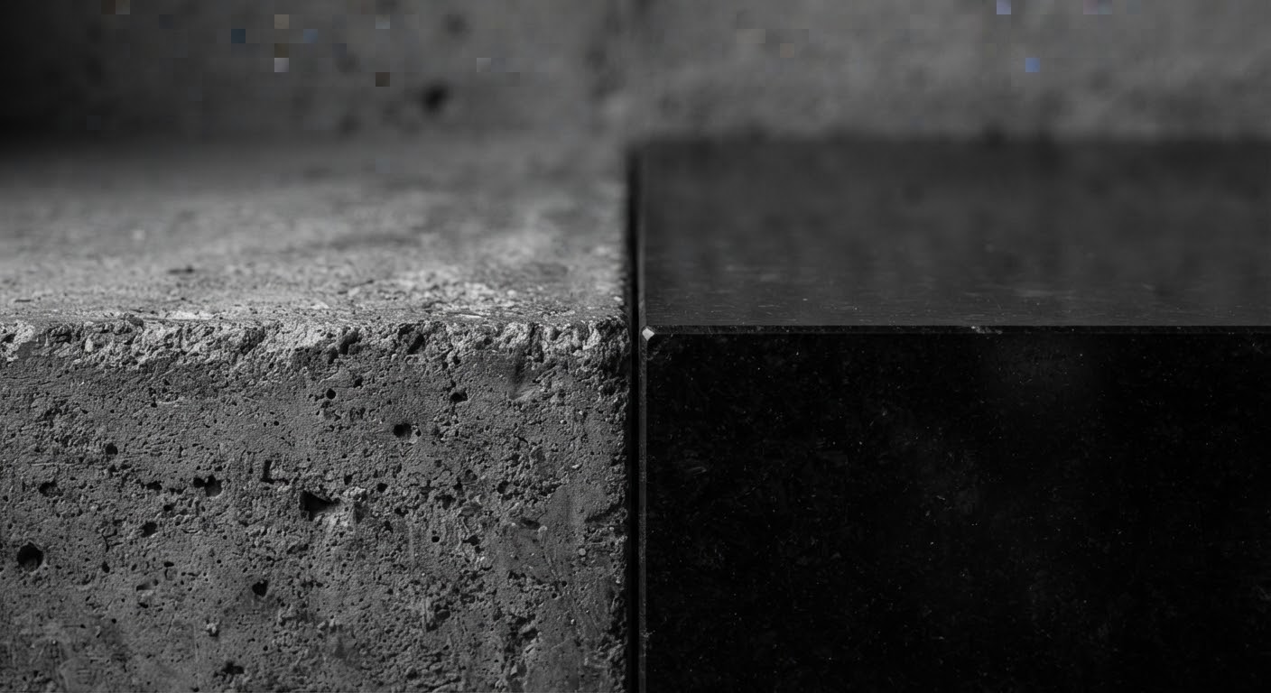 Detalle de materiales minerales y madera en una composición sobria.